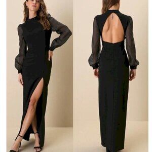 Lulus Seeking Sophistication Black Backless Mesh Sleeve Maxi Dress Medium New